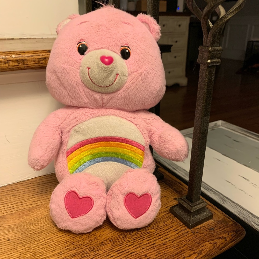 Care Bears Cheer Bear Rainbow Pink White Plush Stuffed Animal Hasbro